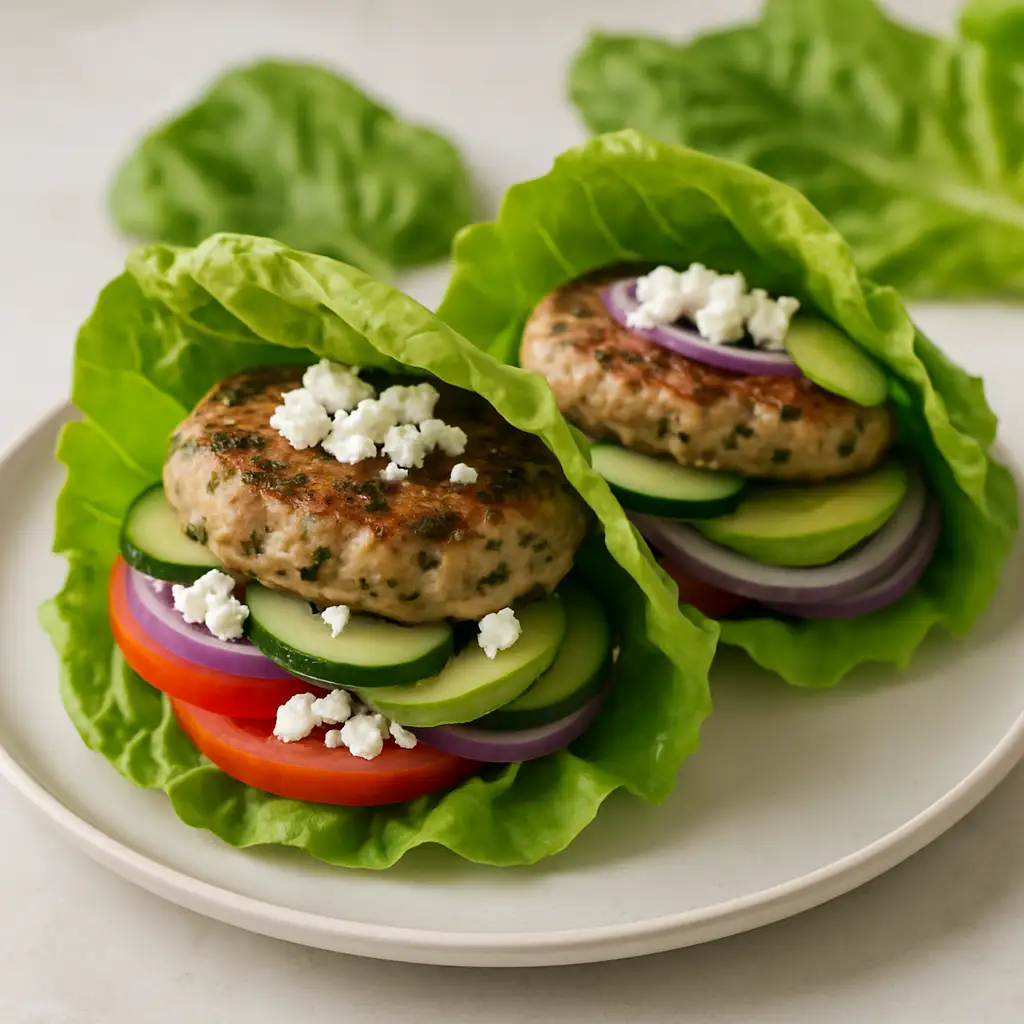 Greek Lemon-Oregano Turkey Burgers in Lettuce Buns