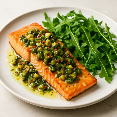 Broiled Salmon with Olive & Caper Salsa Verde and Arugula