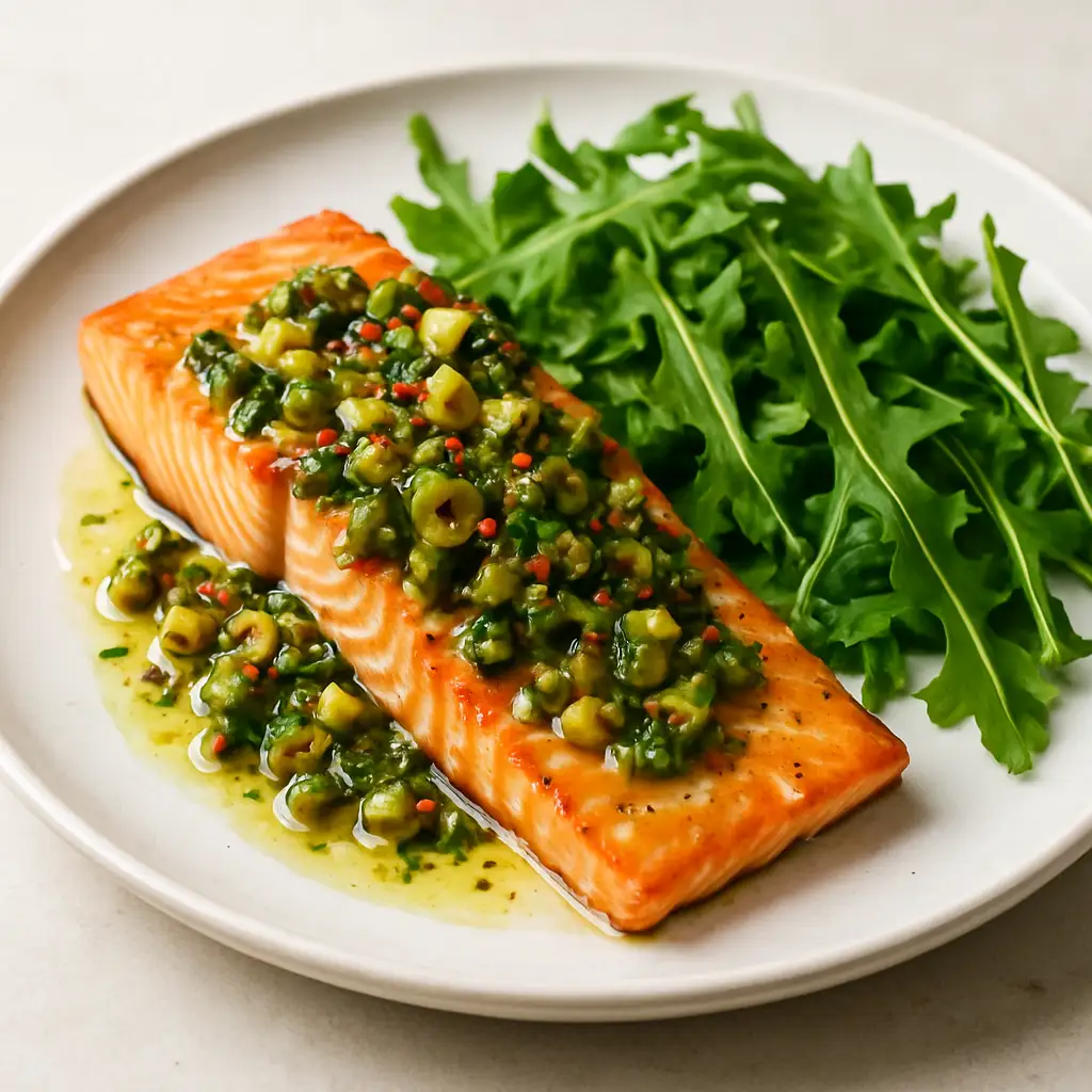 Broiled Salmon with Olive & Caper Salsa Verde and Arugula