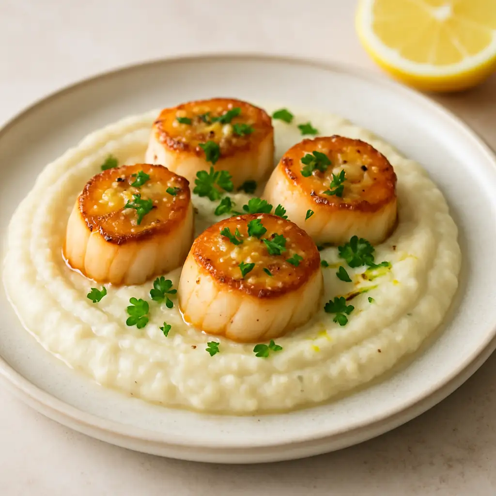 Pan-Seared Scallops over Cauliflower Purée with Lemon Zest