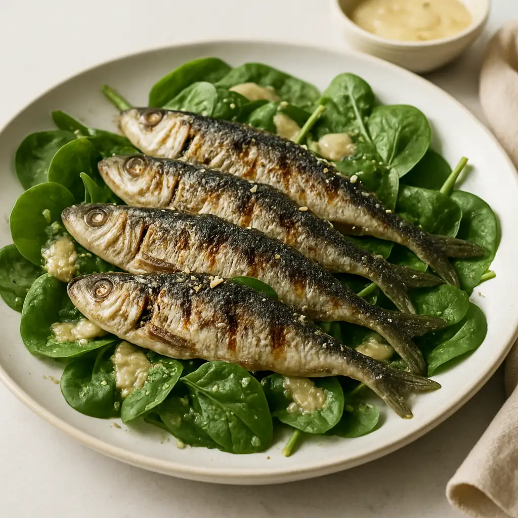 Grilled Sardine & Spinach Caesar Salad