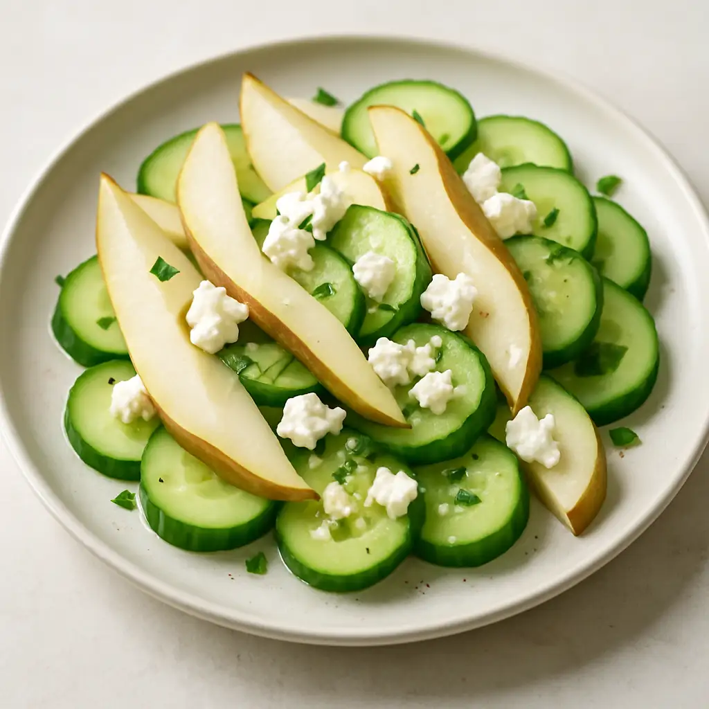 Sliced Fresh Pears with Soft Goat-Style Cheese and Cucumbers Salad