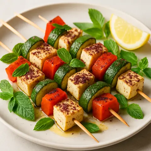 Sumac-Sprinkled Grilled Halloumi-Style Skewers with Mint