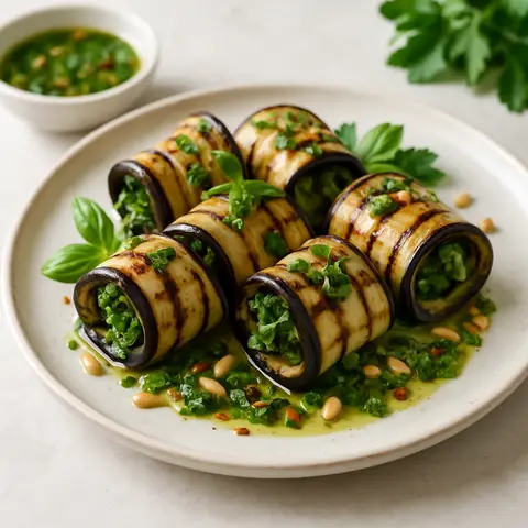 Grilled Eggplant Roulades with Herb Oil
