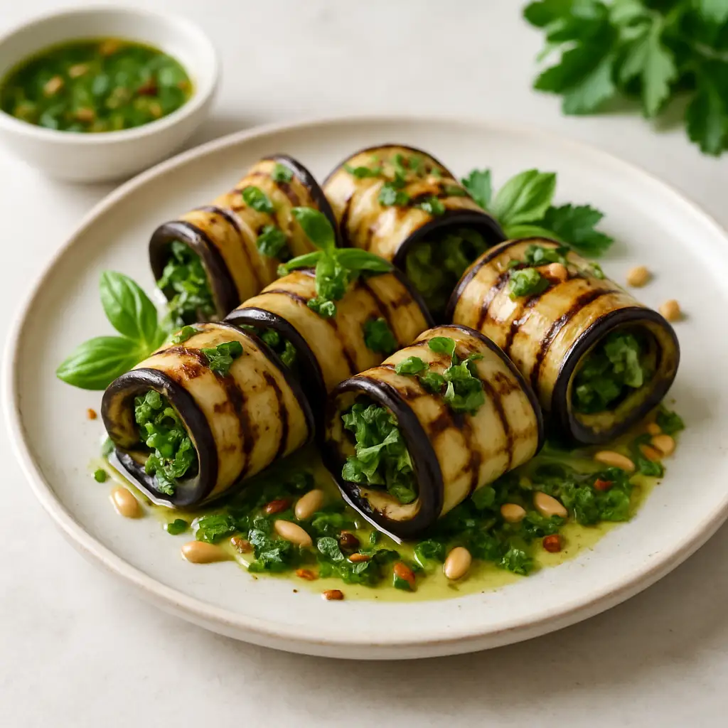 Grilled Eggplant Roulades with Herb Oil