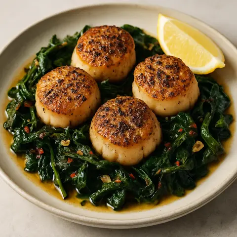 Black Cardamom & Cumin Seared Scallops with Braised Greens