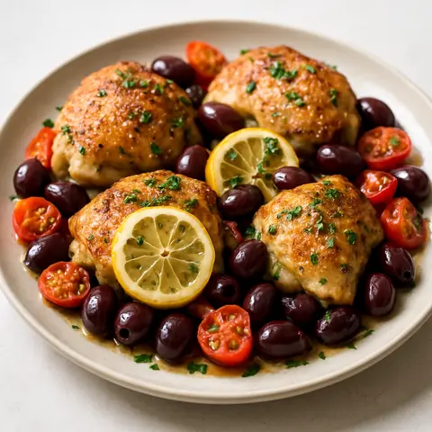 Baked Lemon-Garlic Chicken with Olives and Roasted Tomatoes