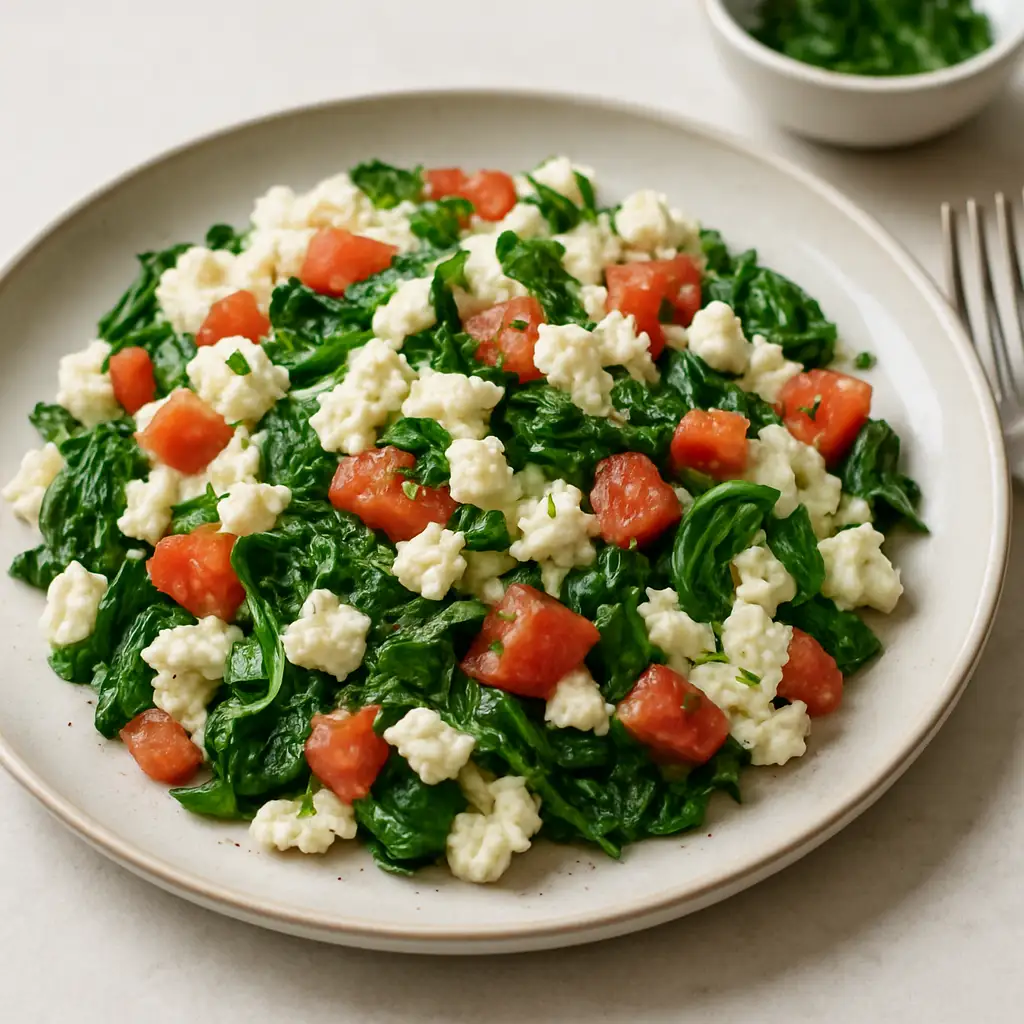 Greek Egg White Scramble with Feta, Spinach, and Tomatoes
