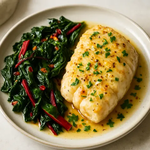 Lemon-Garlic Monkfish with Sautéed Swiss Chard