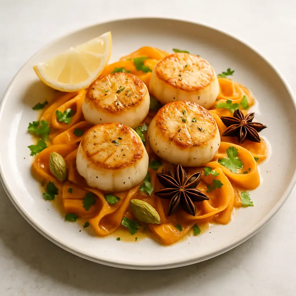 Mughal-Inspired Cardamom & Star Anise Seared Scallops with Warm Carrot Ribbons