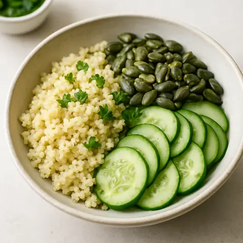 Nutritious Millet & Steamed Pumpkin Seed Bowl with Cucumber