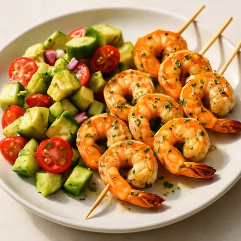 Garlic-Lime Shrimp Skewers with Avocado Salad