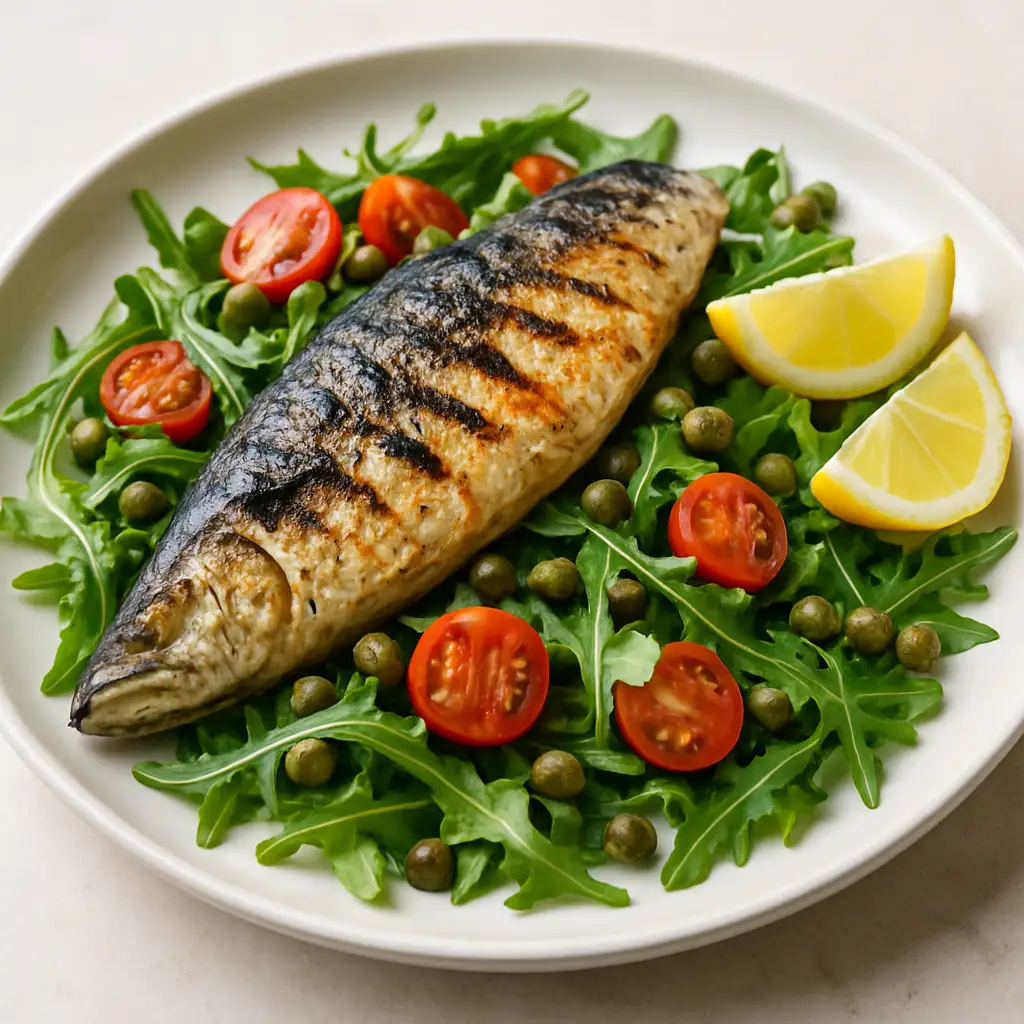 Grilled Mackerel over Arugula with Capers