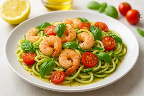 Lemon-Basil Prawns with Spiralized Zucchini and Cherry Tomatoes