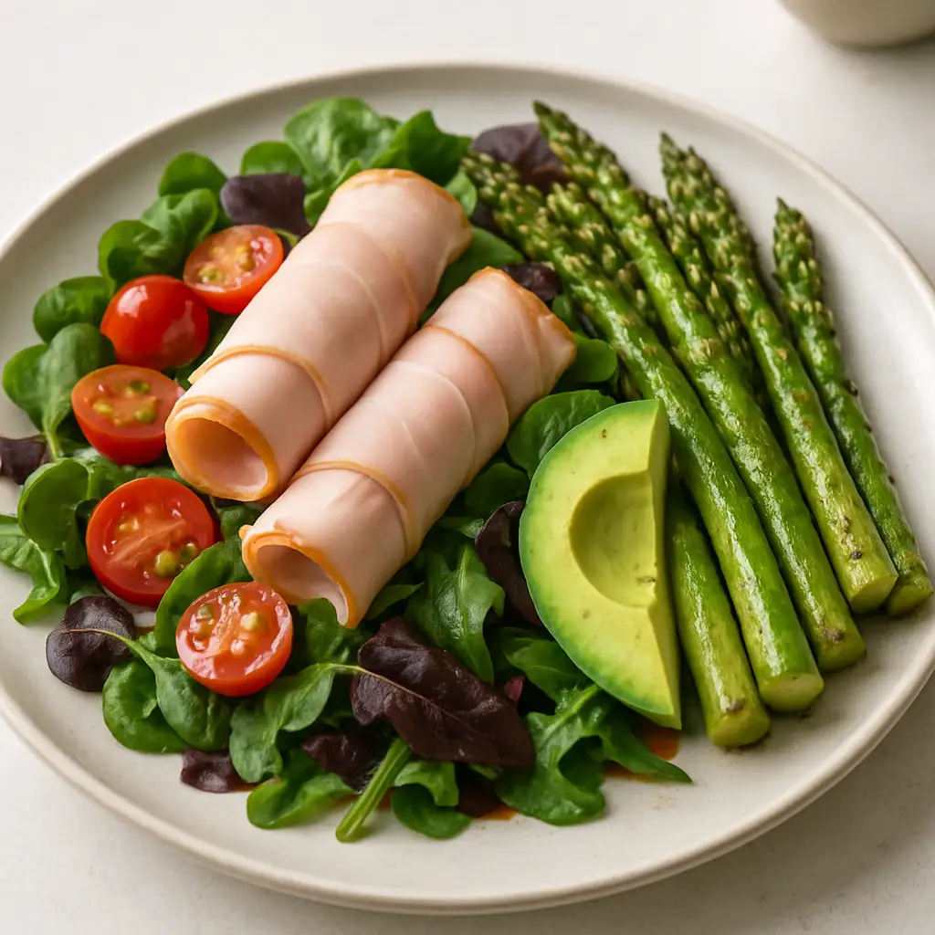 Turkey Prosciutto-Style Wrap Salad with Roasted Asparagus