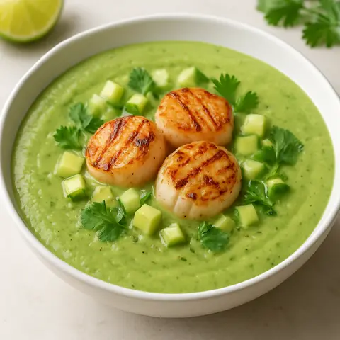Cucumber-Avocado Gazpacho with Grilled Scallops