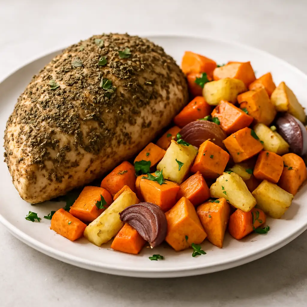 Herb-Crusted Turkey Roast with Roasted Root Vegetables