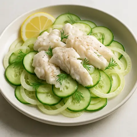 Light Poached Fish Salad with Fennel & Cucumber Slices