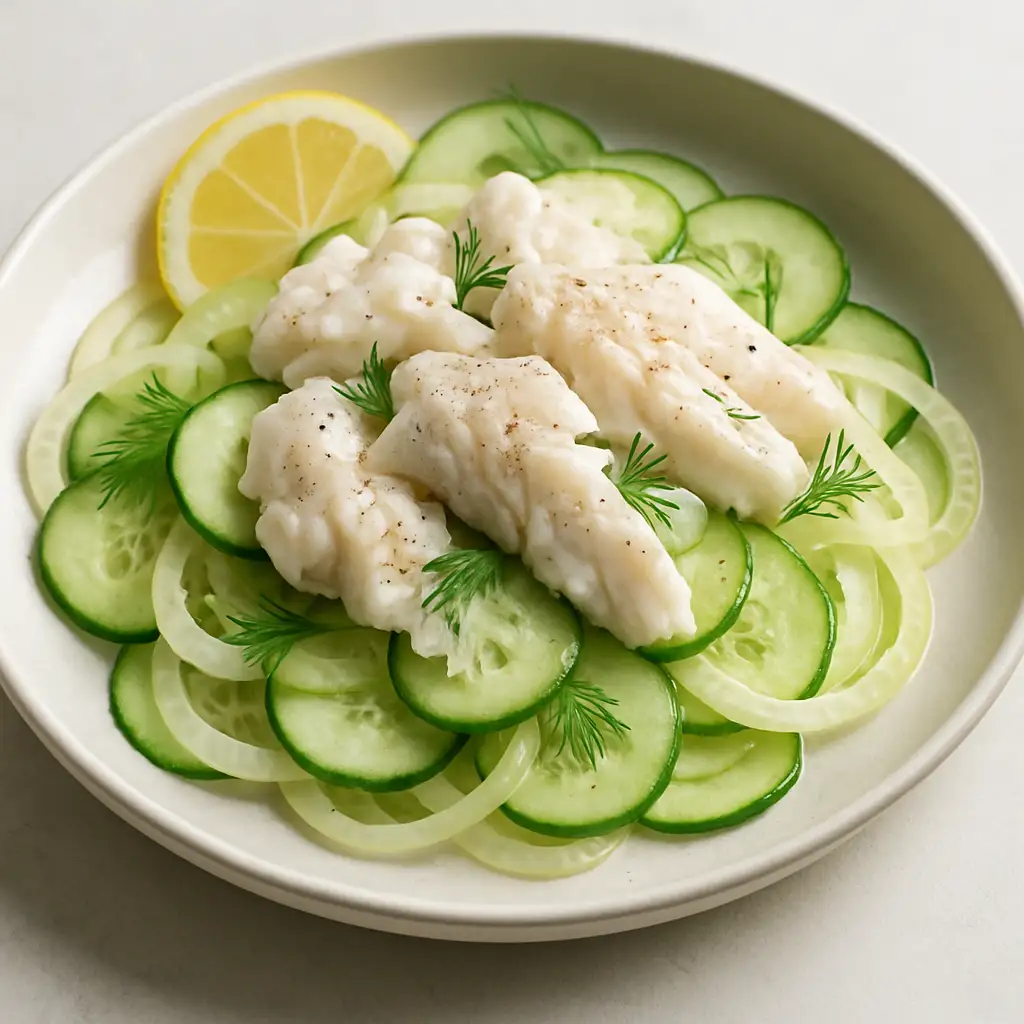 Light Poached Fish Salad with Fennel & Cucumber Slices