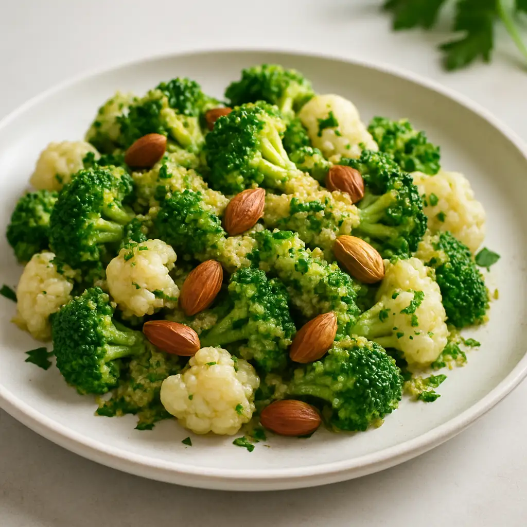Nutritious Broccoli, Cauliflower & Almond Pesto Salad (No Cheese)