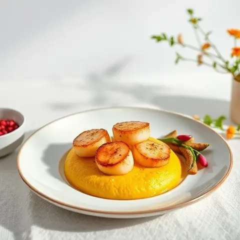Rose & Turmeric Seared Scallops with Warm Parsnip Purée