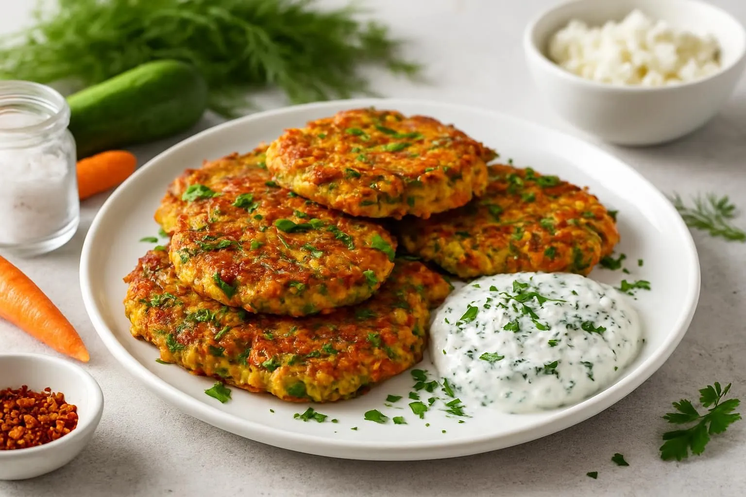 Kabak ve Havuçlu Mücver with Garlicky Dill Yogurt