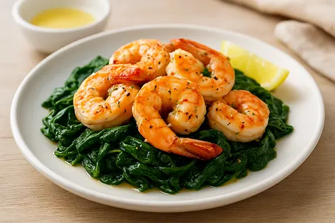 Garlic Butter Shrimp over Sautéed Spinach
