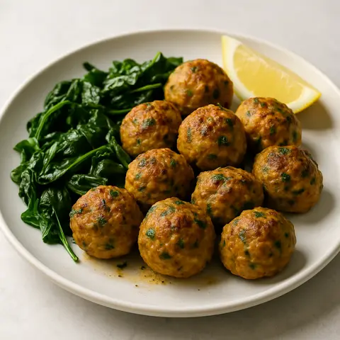 Madras Spiced Turkey Meatballs with Sautéed Spinach