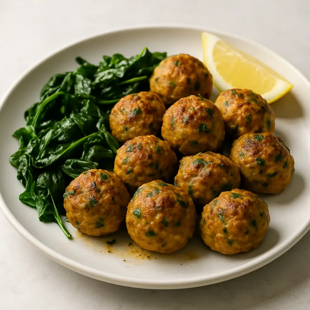 Madras Spiced Turkey Meatballs with Sautéed Spinach
