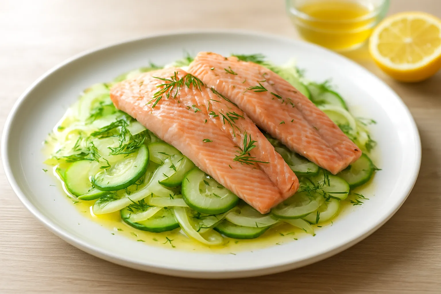 Poached Trout over Warm Fennel & Cucumber Salad