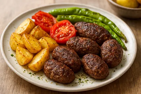 Anatolian Fırın Köfte with Roasted Potatoes, Tomatoes and Green Peppers