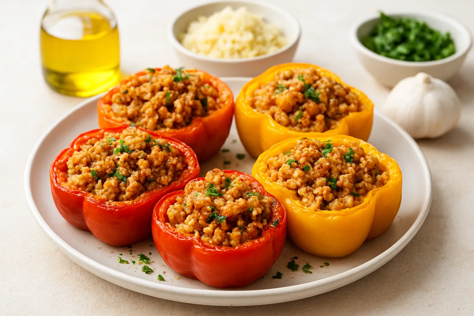 Mediterranean Stuffed Bell Peppers with Cauliflower Rice and Ground Turkey