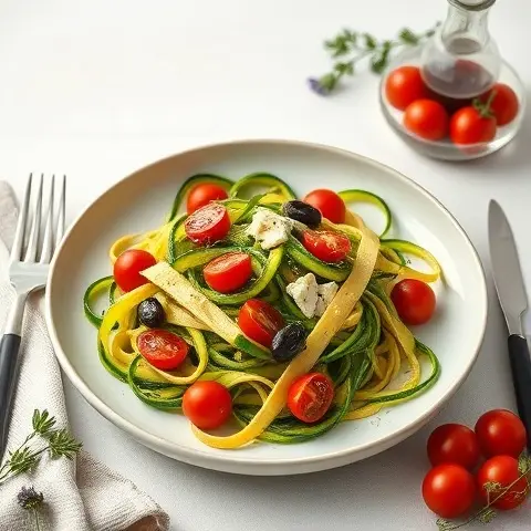 Zucchini Ribbon “Pasta” with Cherry Tomatoes, Olives, and Anchovy-Garlic Oil