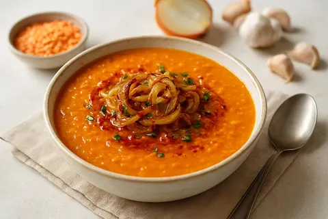 Turkish Red Lentil Soup with Caramelized Onion and Sizzling Paprika Butter