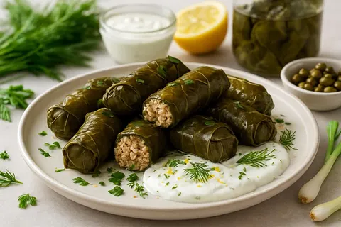 Mediterranean Tuna-Stuffed Grape Leaves with Lemon-Dill Yogurt