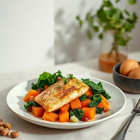 Roasted Salmon & Sweet Potato Hash with Kale