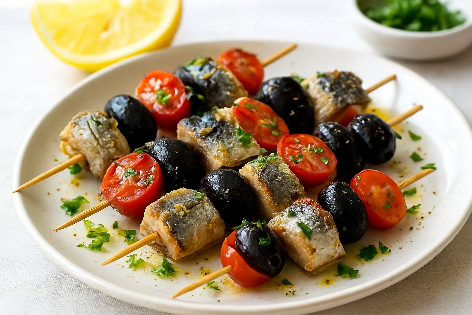 Lemon-Scented Sardine & Olive Skewers