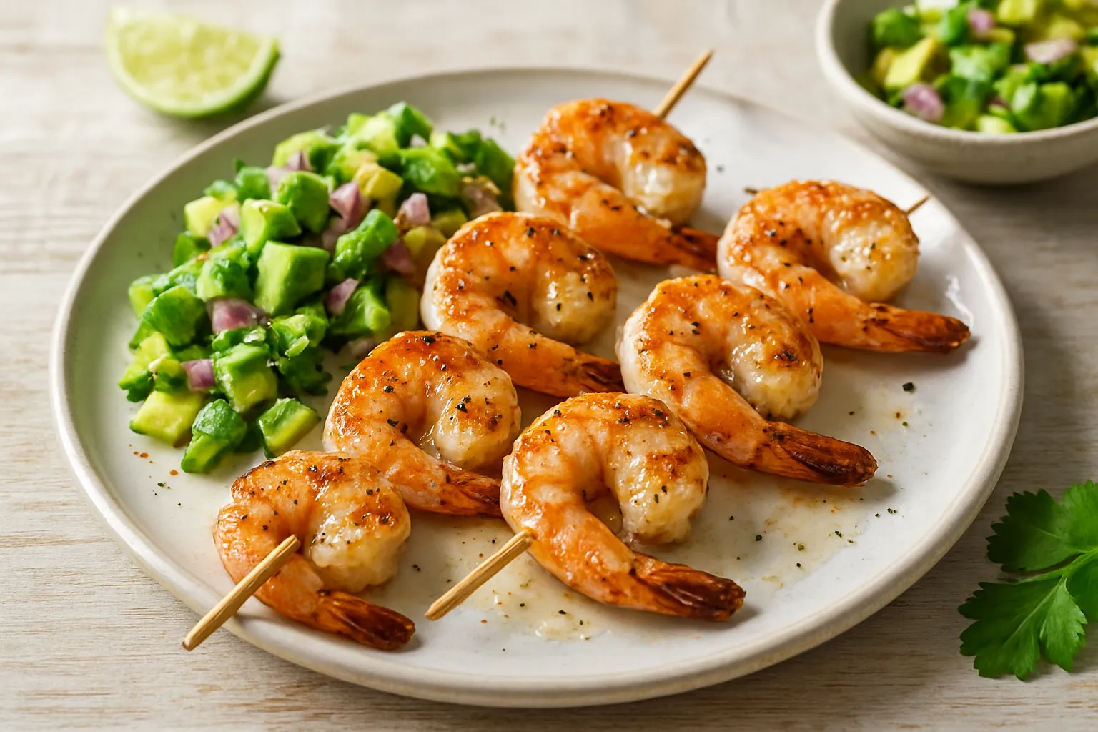 Coconut-Lime Shrimp Skewers with Avocado Salsa