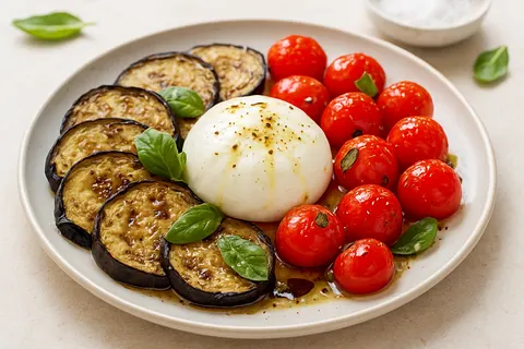 Roasted Eggplant, Tomato & Burrata Plate