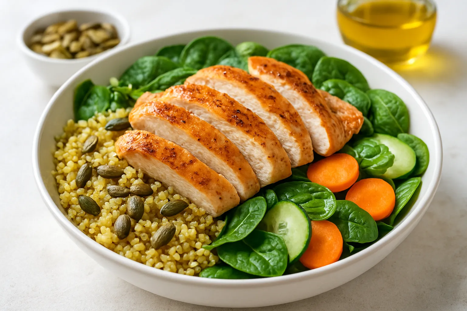 Nutritious Millet & Roasted Pumpkin Seed Salad with Warm Chicken Strips