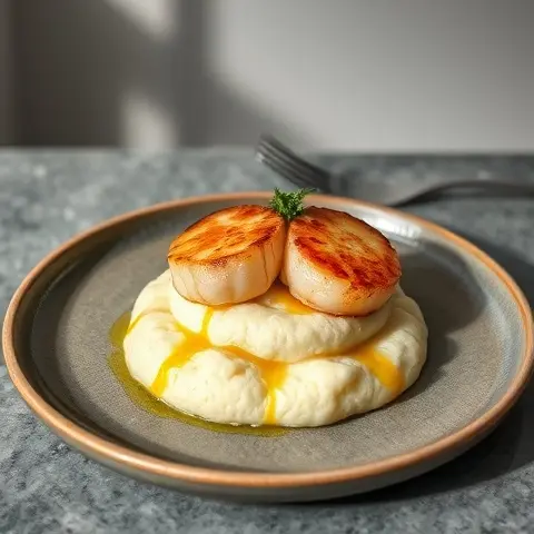 Seared Scallops on Puréed Cauliflower with Herb Oil