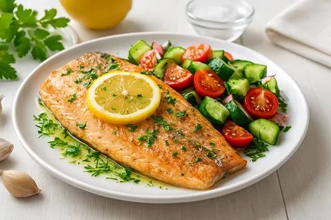 Baked Trout with Lemon, Herbs, and Greek Cucumber Salad