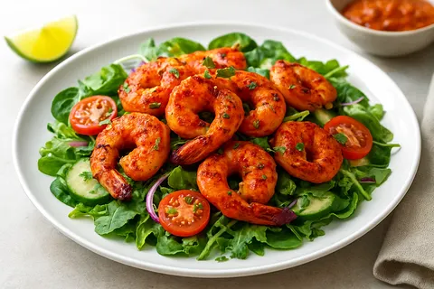 Harissa-Spiced Grilled Shrimp over Greens