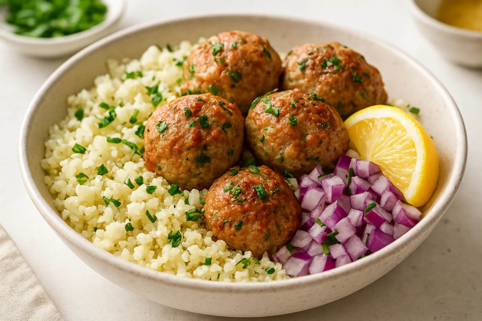 Greek Turkey Meatball Bowl with Cauliflower Rice