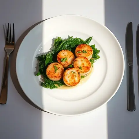 Ginger-Lime Seared Scallops with Wilted Kale & Parsnip