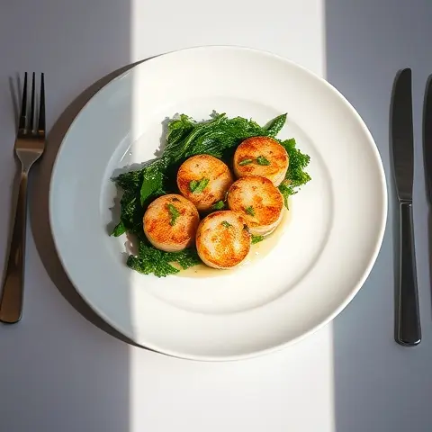 Ginger-Lime Seared Scallops with Wilted Kale & Parsnip