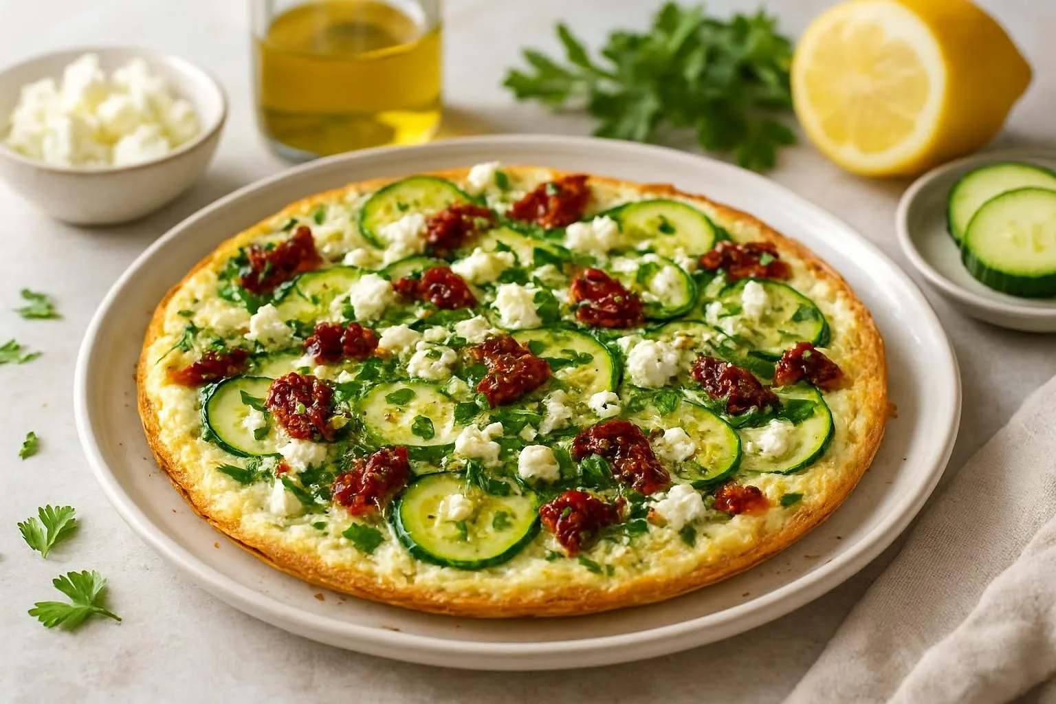 Mediterranean Herb Egg White Frittata with Zucchini, Feta & Sun-Dried Tomatoes