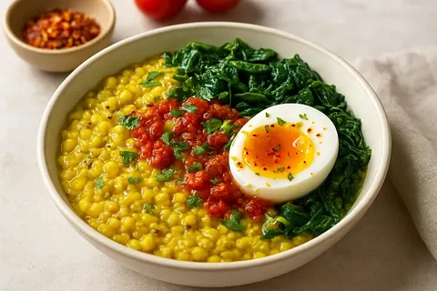 Savory Methi Moong Dal & Egg Breakfast Bowl with Spiced Tomato Drizzle