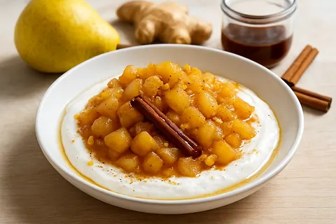 Warm Pear Compote with Ginger over Coconut Cream