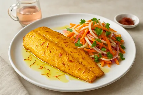 Saffron-Rose Grilled Trout with Warm Turnip Slaw